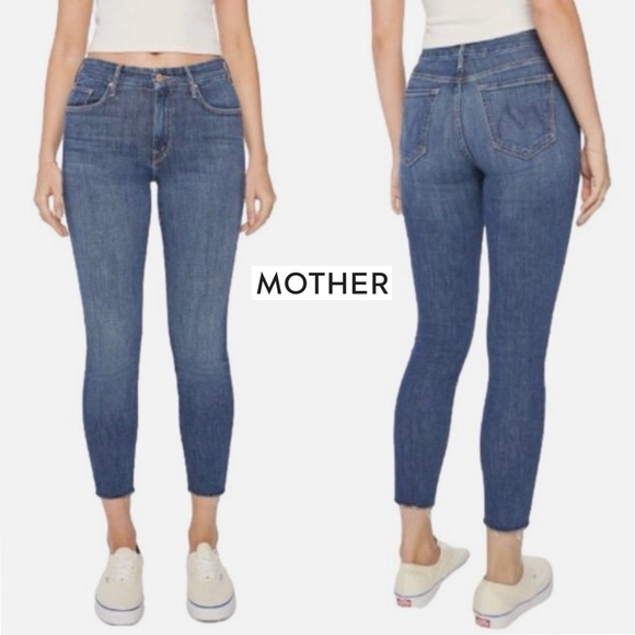 MOTHER Looker Ankle Fray Girl Crush Jeans 26 Mid Wash Raw Hem Skinny Stretch